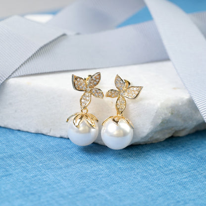 Flower And Pearl Cubic Zirconia Dangle Earrings