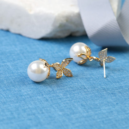 Flower And Pearl Cubic Zirconia Dangle Earrings