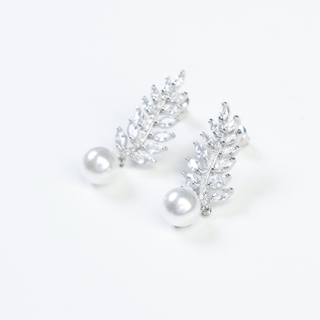 Wedding-Pearl-And-Leaf-Cubic-Zirconia-Drop-Earrings- (1)