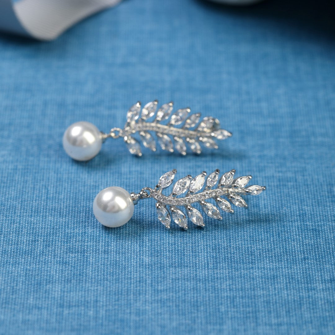 Wedding-Pearl-And-Leaf-Cubic-Zirconia-Drop-Earrings- (2)